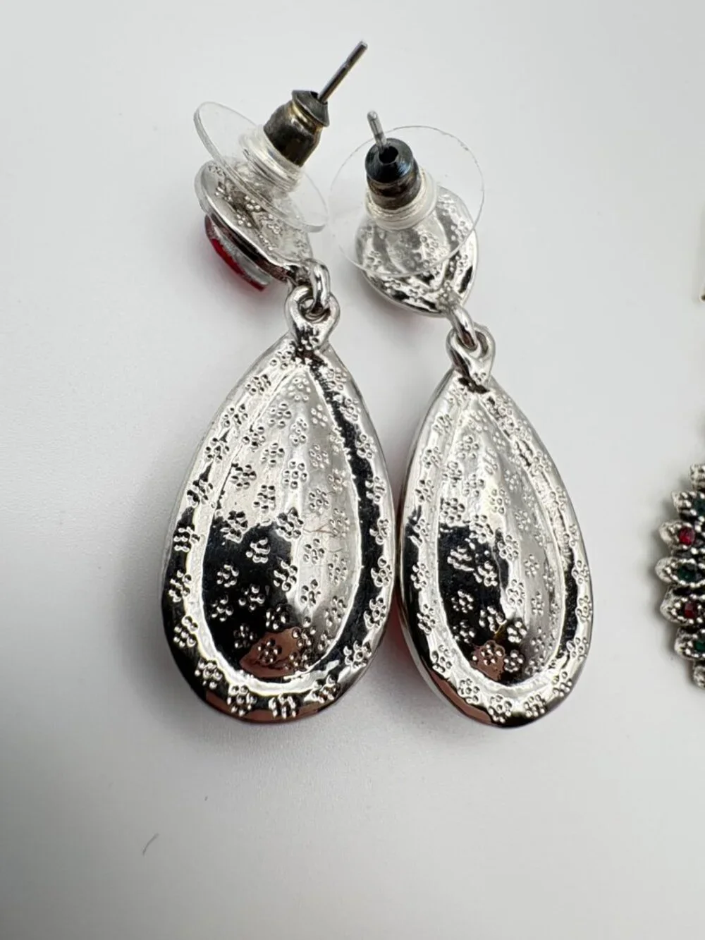 Lot of 2 Red Rhinestone Dangle Earrings Teardrop & Antique Style Mandala Drops